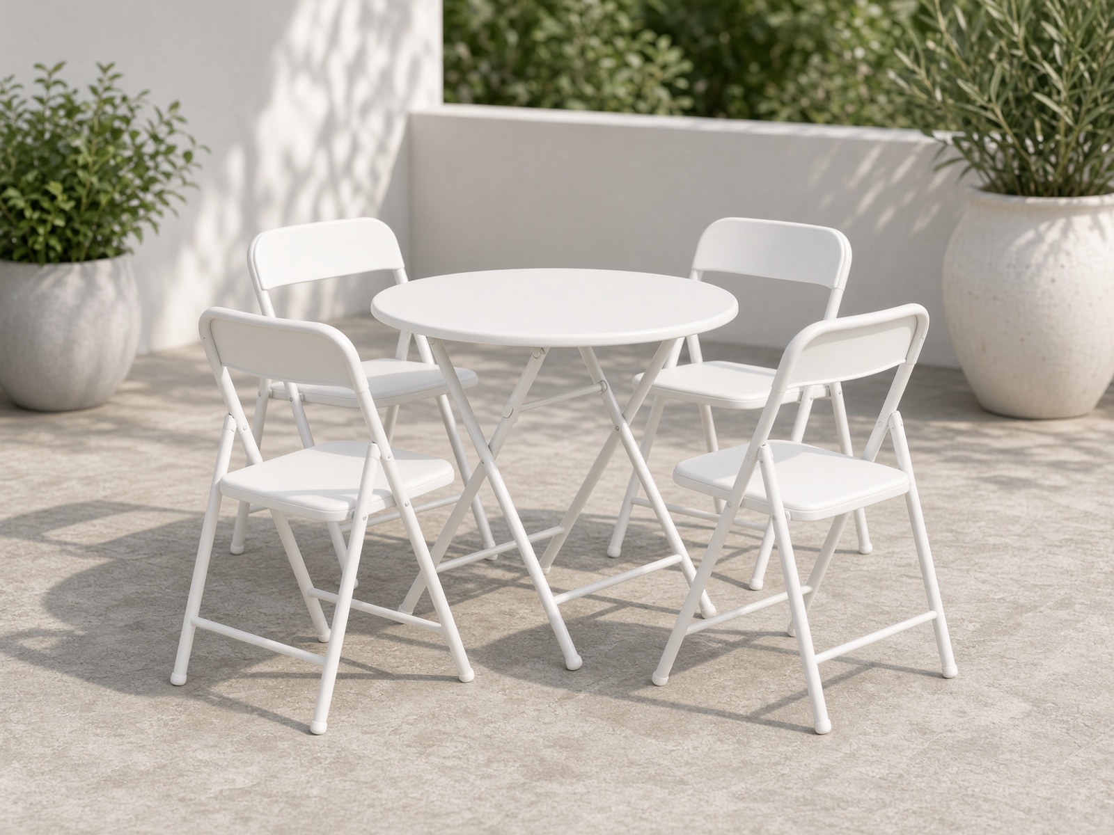 A small round table with all-white folding chairs for kids.