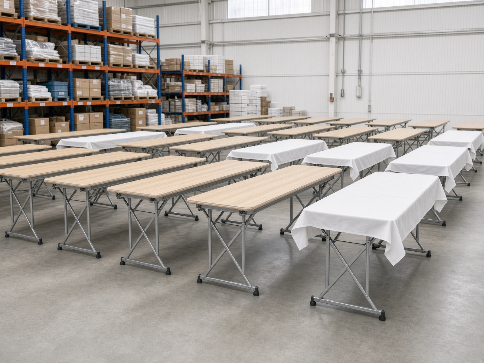 Rows of rectangular folding banquet tables in a warehouse, some with white covers.